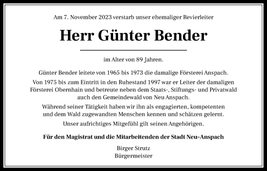 Traueranzeige von Günter Bender von Usinger Anzeiger