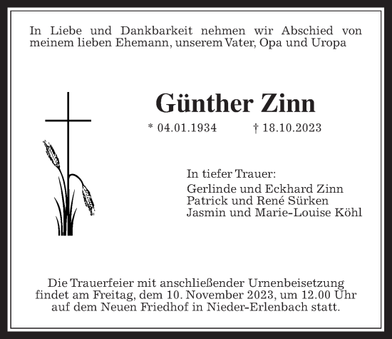Traueranzeige von Günther Zinn von Bad Vilbel/Karben