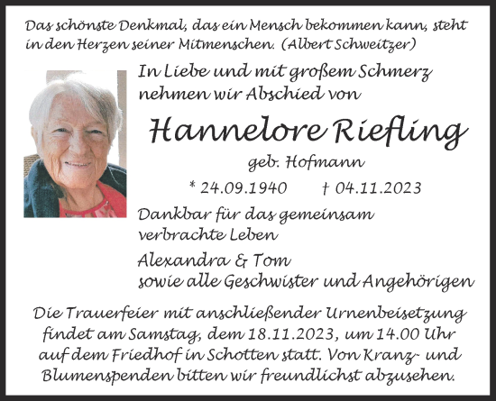 Traueranzeige von Hannelore Riefling von Kreis-Anzeiger