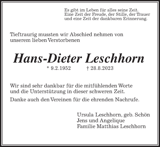 Traueranzeige von Hans-Dieter Leschhorn von Giessener Allgemeine, Alsfelder Allgemeine, Giessener Anzeiger