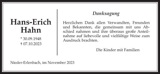 Traueranzeige von Hans-Erich Hahn von Bad Vilbel/Karben