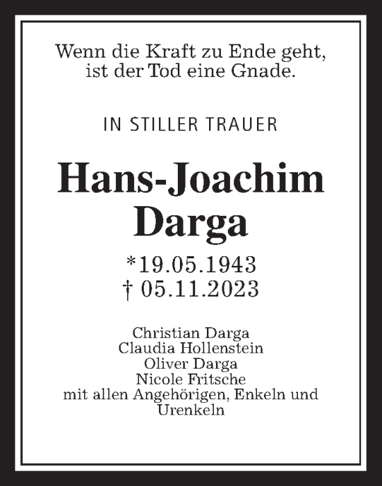 Traueranzeige von Hans-Joachim Darga von Wetterauer Zeitung