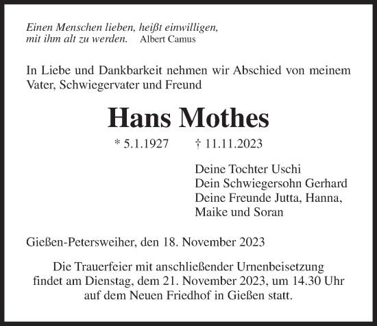 Traueranzeige von Hans Mothes von Giessener Allgemeine, Alsfelder Allgemeine