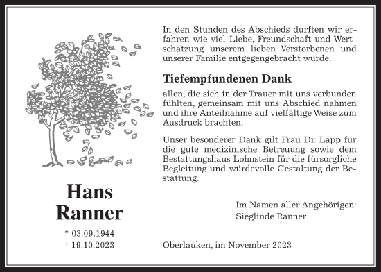 Traueranzeige von Hans Ranner von Usinger Anzeiger