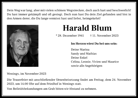 Traueranzeige von Harald Blum von Kreis-Anzeiger
