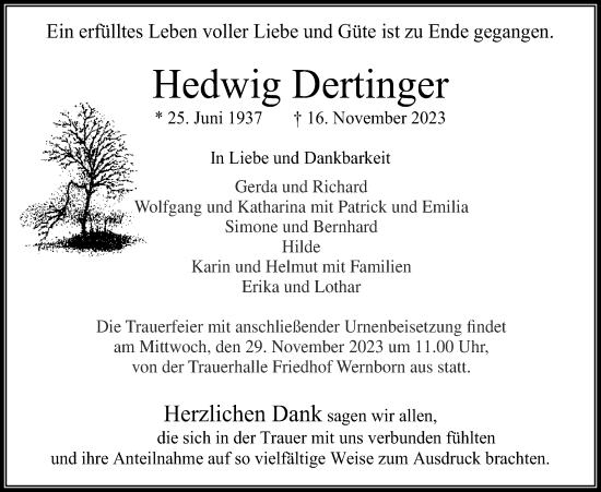 Traueranzeige von Hedwig Dertinger 