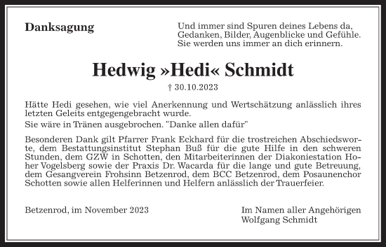 Traueranzeige von Hedwig Schmidt von Kreis-Anzeiger