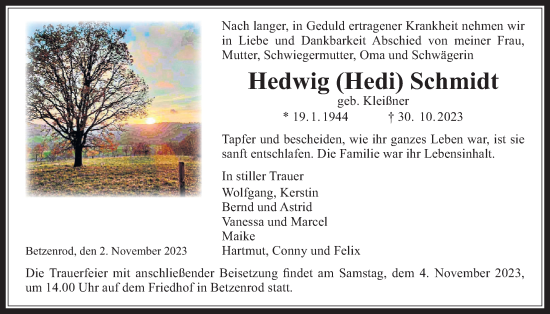 Traueranzeige von Hedwig Schmidt von Kreis-Anzeiger
