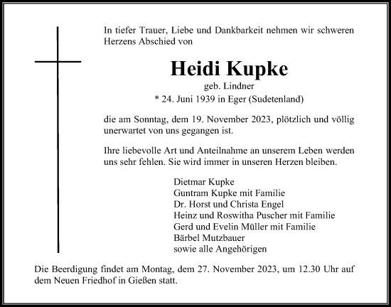 Traueranzeige von Heidi Kupke von Giessener Anzeiger, Giessener Allgemeine, Alsfelder Allgemeine