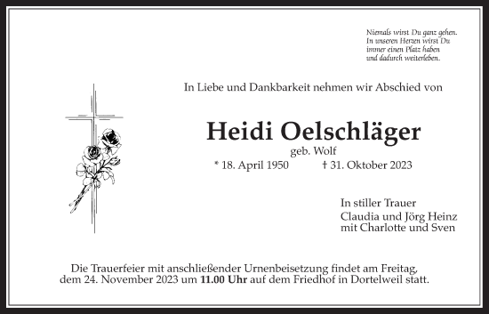 Traueranzeige von Heidi Oelschläger von Bad Vilbel/Karben