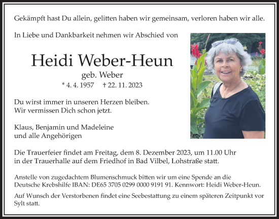 Traueranzeige von Heidi Weber-Heun von Bad Vilbel/Karben