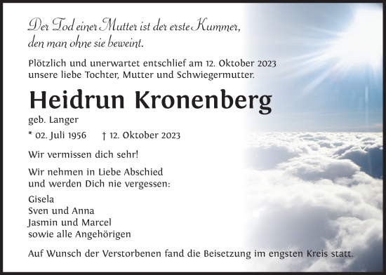 Traueranzeige von Heidrun Kronenberg von Wetterauer Zeitung