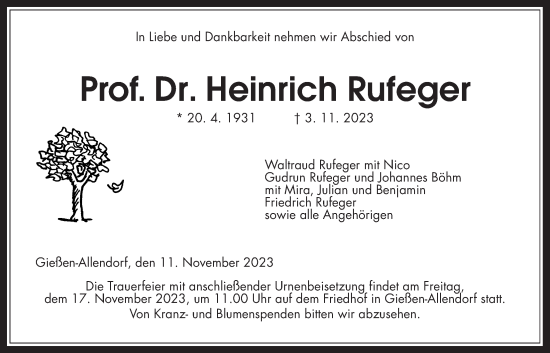Traueranzeige von Heinrich Rufeger von Giessener Anzeiger, Giessener Allgemeine, Alsfelder Allgemeine
