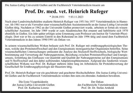 Traueranzeige von Heinrich Rufeger von Giessener Anzeiger, Giessener Allgemeine, Alsfelder Allgemeine, Giessener Anzeiger, Giessener Allgemeine, Alsfelder Allgemeine