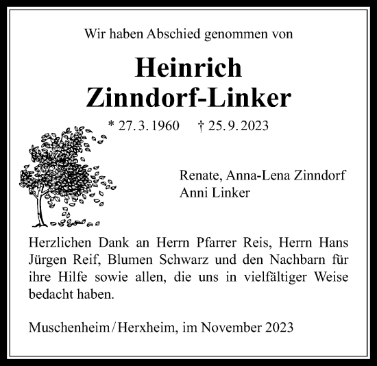 Traueranzeige von Heinrich Zinndorf-Linker von Licher Wochenblatt