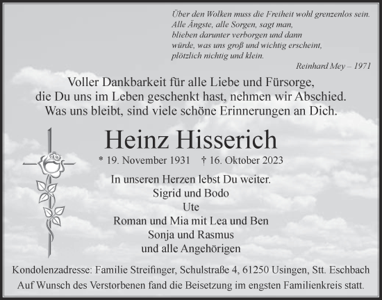 Traueranzeige von Heinz Hisserich von Usinger Anzeiger