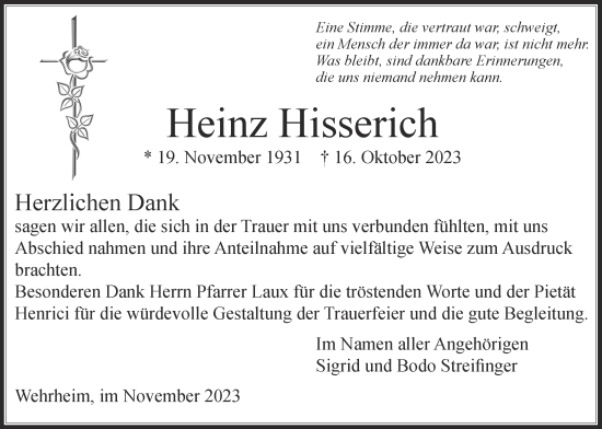 Traueranzeige von Heinz Hisserich von Usinger Anzeiger