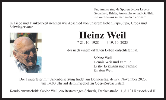 Traueranzeige von Heinz Weil von Wetterauer Zeitung