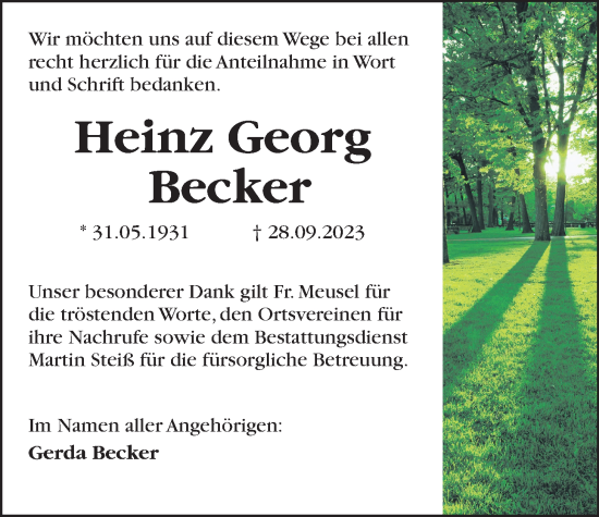 Traueranzeige von Heinz Georg Becker von Giessener Anzeiger