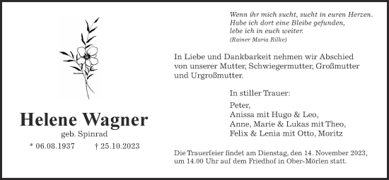Traueranzeige von Helene Wagner von Wetterauer Zeitung