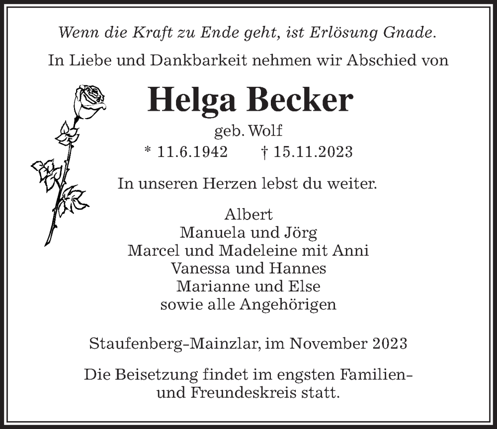  Traueranzeige für Helga Becker vom 18.11.2023 aus Giessener Anzeiger