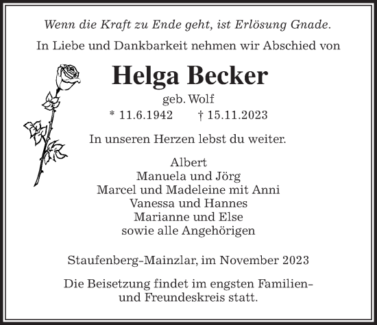 Traueranzeige von Helga Becker von Giessener Anzeiger