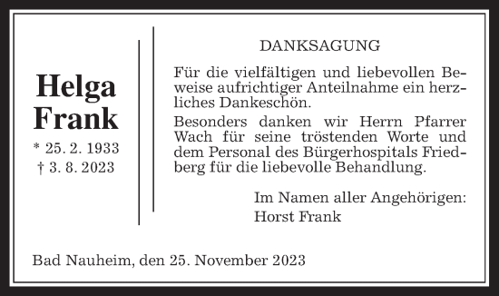 Traueranzeige von Helga Frank von Wetterauer Zeitung