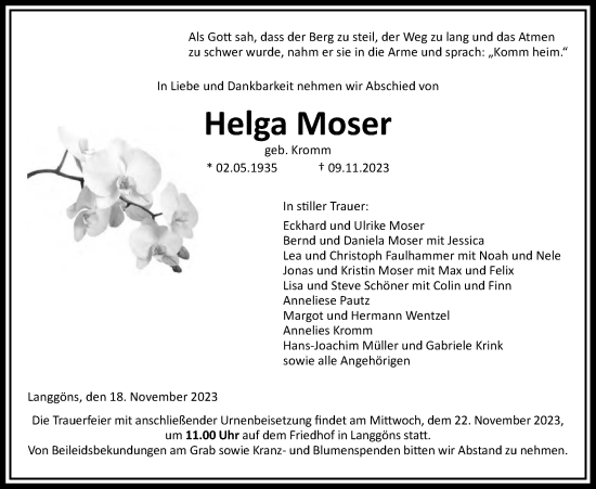 Traueranzeige von Helga Moser von Giessener Anzeiger, Giessener Allgemeine, Alsfelder Allgemeine