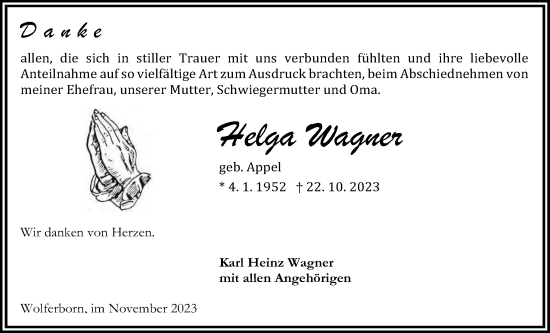 Traueranzeige von Helga Wagner von Kreis-Anzeiger