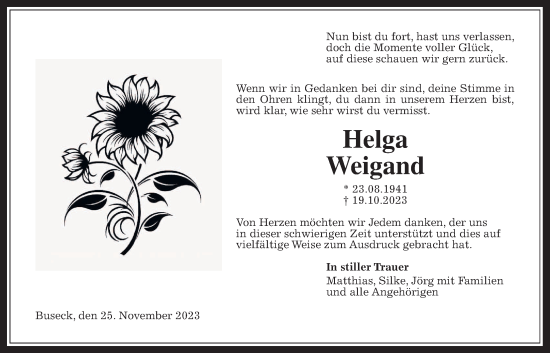 Traueranzeige von Helga Weigand von Giessener Allgemeine, Alsfelder Allgemeine