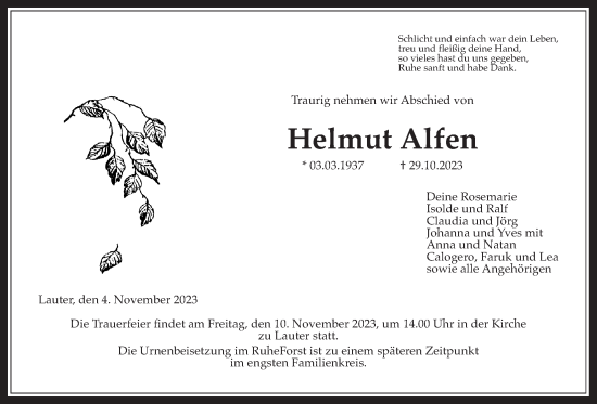 Traueranzeige von Helmut Alfen von Giessener Anzeiger