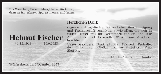 Traueranzeige von Helmut Fischer von Wetterauer Zeitung