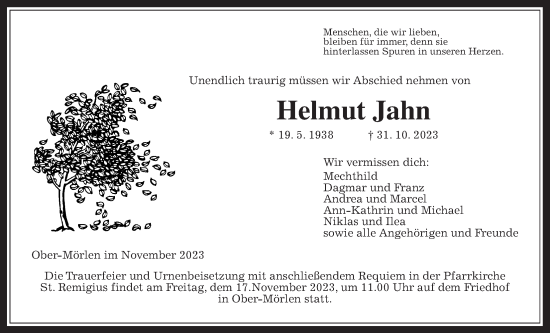 Traueranzeige von Helmut Jahn von Wetterauer Zeitung, Wetterauer Zeitung