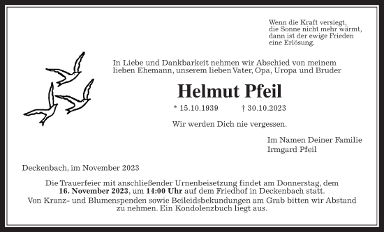 Traueranzeige von Helmut Pfeil von Alsfelder Allgemeine