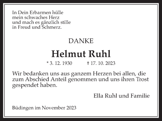 Traueranzeige von Helmut Ruhl von Wetterauer Zeitung, Kreis-Anzeiger