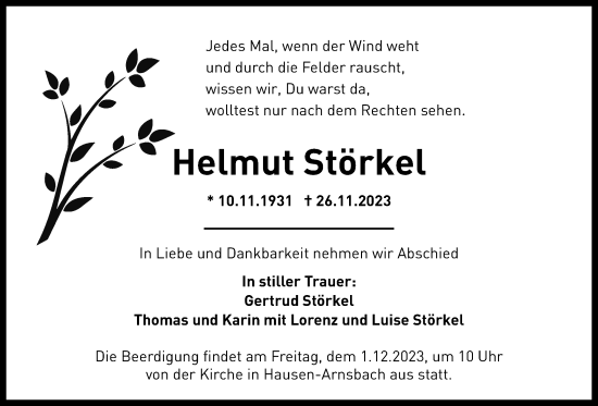 Traueranzeige von Helmut Störkel von Usinger Anzeiger