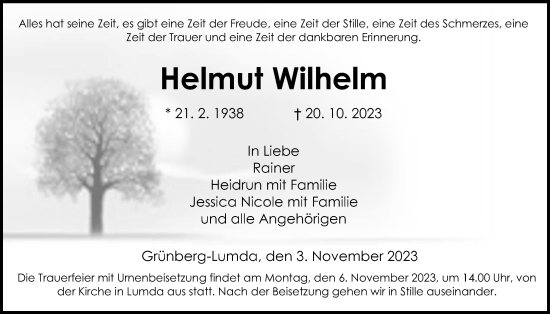 Traueranzeige von Helmut Wilhelm von Giessener Allgemeine, Alsfelder Allgemeine