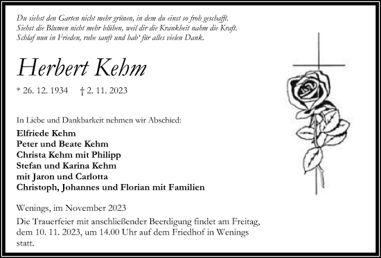 Traueranzeige von Herbert Kehm von Kreis-Anzeiger