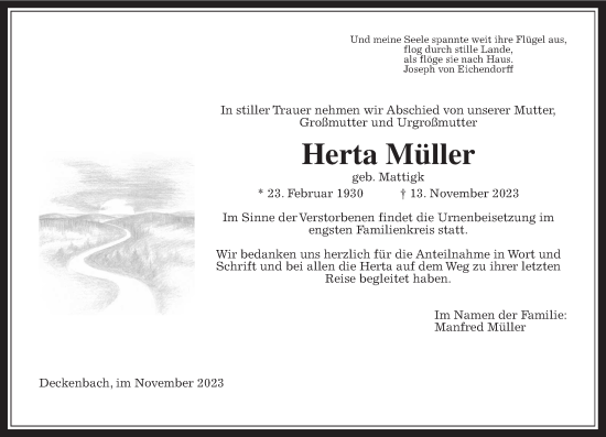 Traueranzeige von Herta Müller von Alsfelder Allgemeine