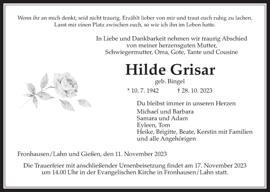 Traueranzeige von Hilde Grisar von Giessener Allgemeine, Alsfelder Allgemeine