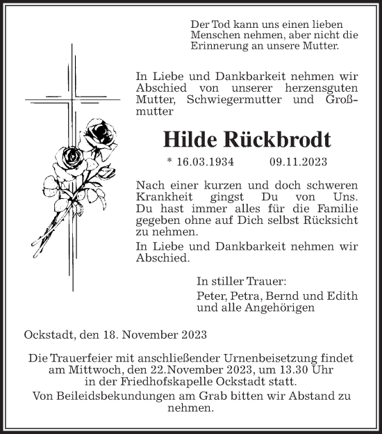 Traueranzeige von Hilde Rückbrodt von Wetterauer Zeitung