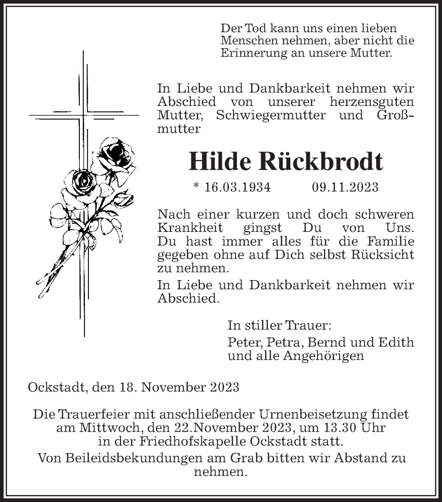  Traueranzeige für Hilde Rückbrodt vom 18.11.2023 aus Wetterauer Zeitung