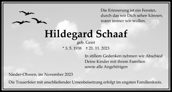 Traueranzeige von Hildegard Schaaf von Alsfelder Allgemeine