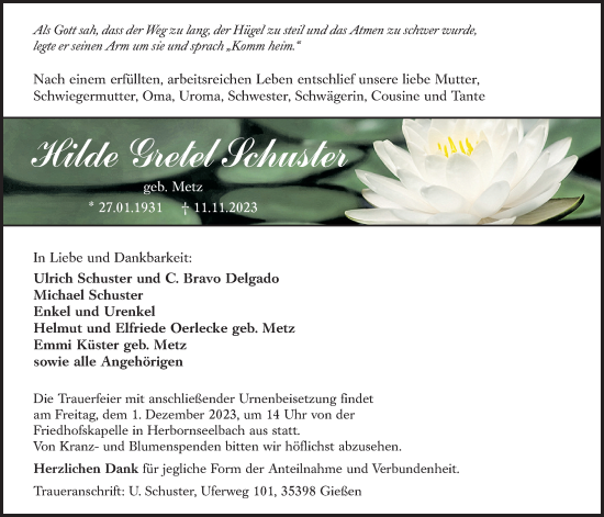 Traueranzeige von Hilde Gretel Schuster von Giessener Allgemeine, Alsfelder Allgemeine
