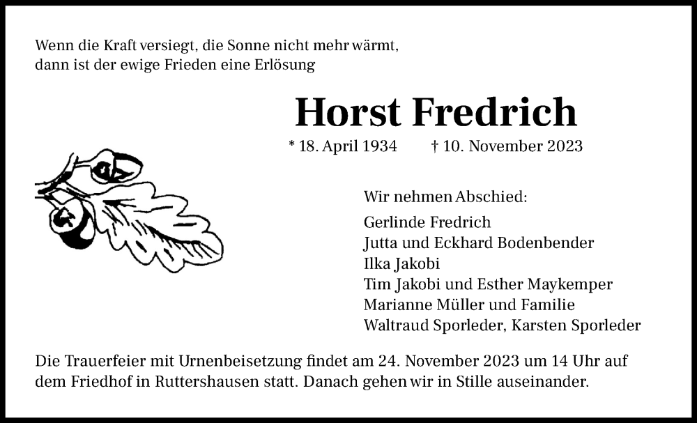  Traueranzeige für Horst Fredrich vom 20.11.2023 aus Giessener Anzeiger, Giessener Allgemeine, Alsfelder Allgemeine