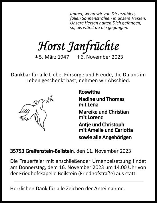 Traueranzeige von Horst Janfrüchte von Giessener Allgemeine, Alsfelder Allgemeine, Giessener Allgemeine, Alsfelder Allgemeine
