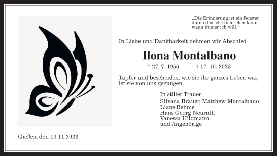Traueranzeige von Ilona Montalbano von Wetterauer Zeitung, Giessener Allgemeine, Alsfelder Allgemeine, , 