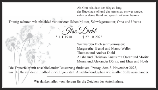 Traueranzeige von Ilse Diehl von Licher Wochenblatt