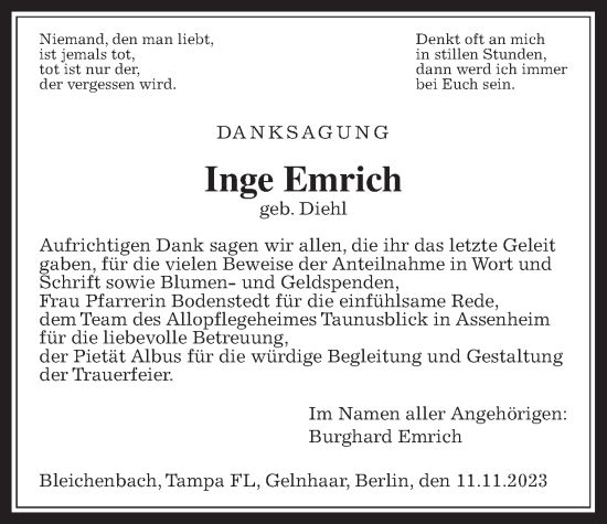 Traueranzeige von Inge Emrich von Kreis-Anzeiger, Giessener Anzeiger, Kreis-Anzeiger, Giessener Anzeiger
