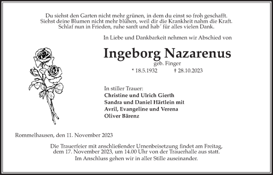 Traueranzeige von Ingeborg Nazarenus von Kreis-Anzeiger